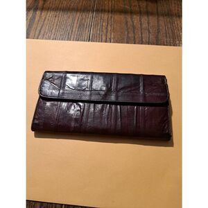 Vintage Eel Skin Burgundy Wallet Snap Closure Zip Compartments Card Slots
